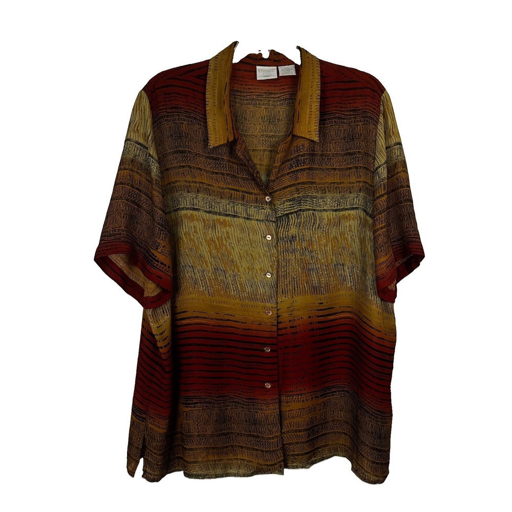 Studio C Plus Vintage Gold Brown Button Down Shirt Plus Size 26/28 Short Sleeve